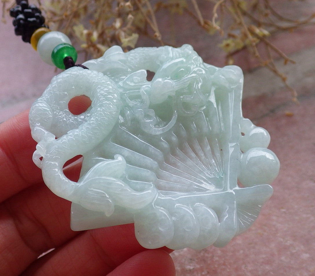 Certified Green Burma 100% Natural A Jade jadeite Pendant Dragon Coin Fan Necklace 风生水起 648374 TN