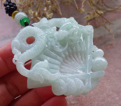 Certified Green Burma 100% Natural A Jade jadeite Pendant Dragon Coin Fan Necklace 风生水起 648374 TN