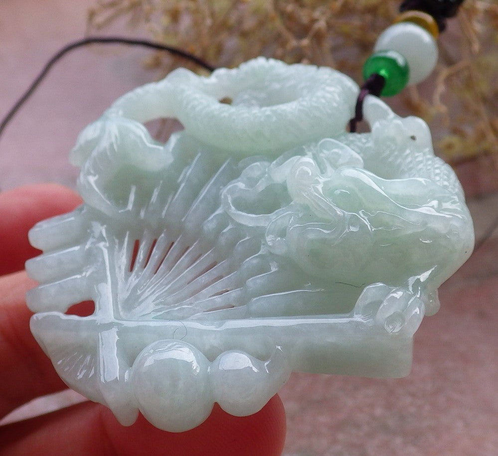 Certified Green Burma 100% Natural A Jade jadeite Pendant Dragon Coin Fan Necklace 风生水起 648374 TN
