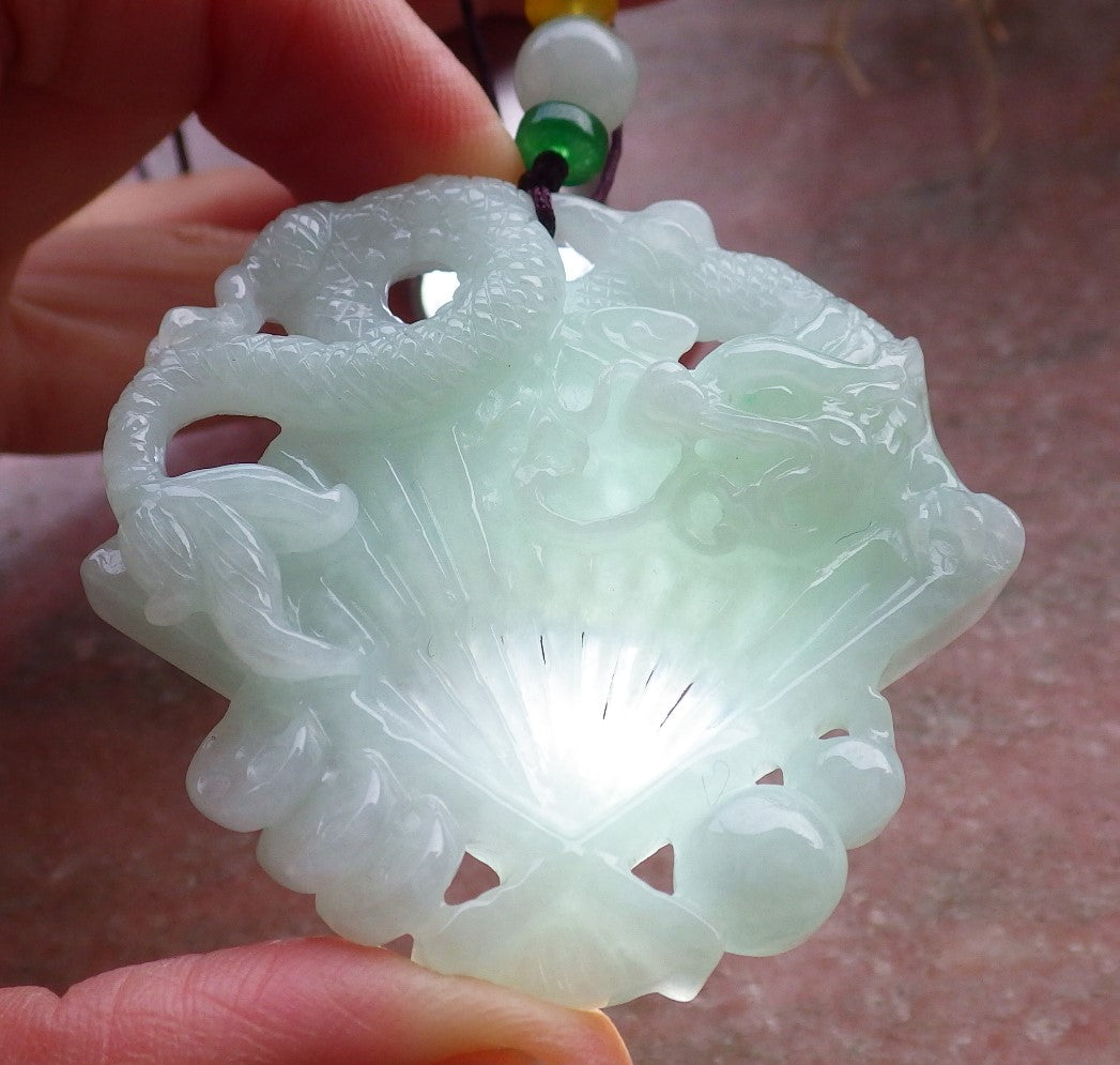 Certified Green Burma 100% Natural A Jade jadeite Pendant Dragon Coin Fan Necklace 风生水起 648374 TN
