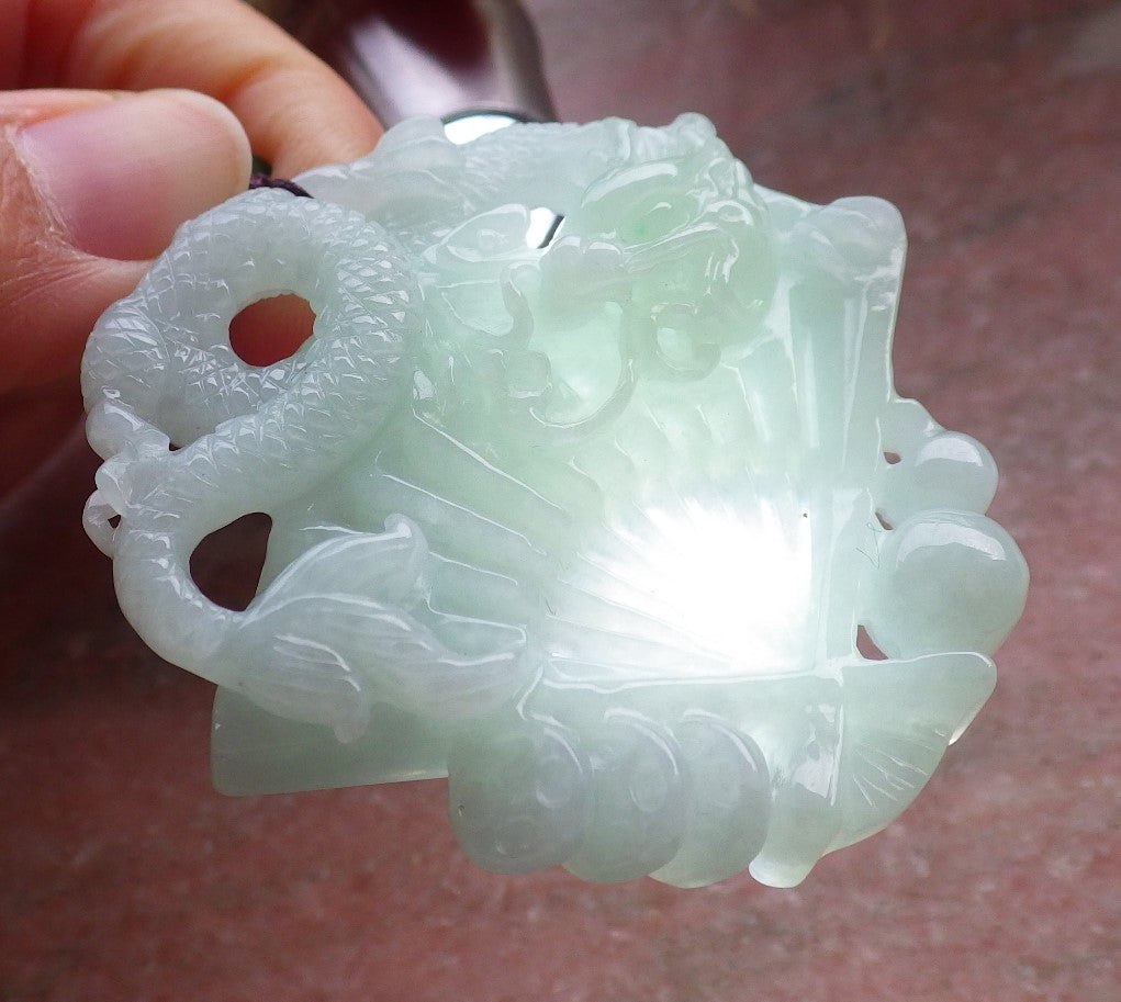 Certified Green Burma 100% Natural A Jade jadeite Pendant Dragon Coin Fan Necklace 风生水起 648374 TN