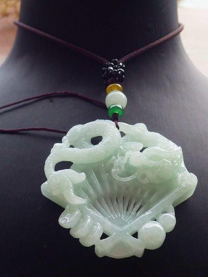 Certified Green Burma 100% Natural A Jade jadeite Pendant Dragon Coin Fan Necklace 风生水起 648374 TN