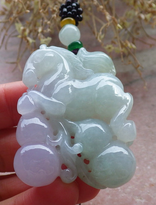 Certified Green Lavender Burma 100% Natural A Jade jadeite Pendant  Horse Gourd Coin Necklace 马到功成 648384 TN