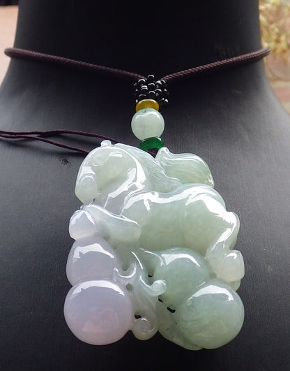 Certified Green Lavender Burma 100% Natural A Jade jadeite Pendant  Horse Gourd Coin Necklace 马到功成 648384 TN