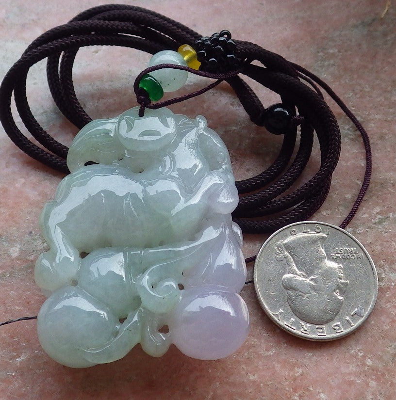 Certified Green Lavender Burma 100% Natural A Jade jadeite Pendant  Horse Gourd Coin Necklace 马到功成 648384 TN