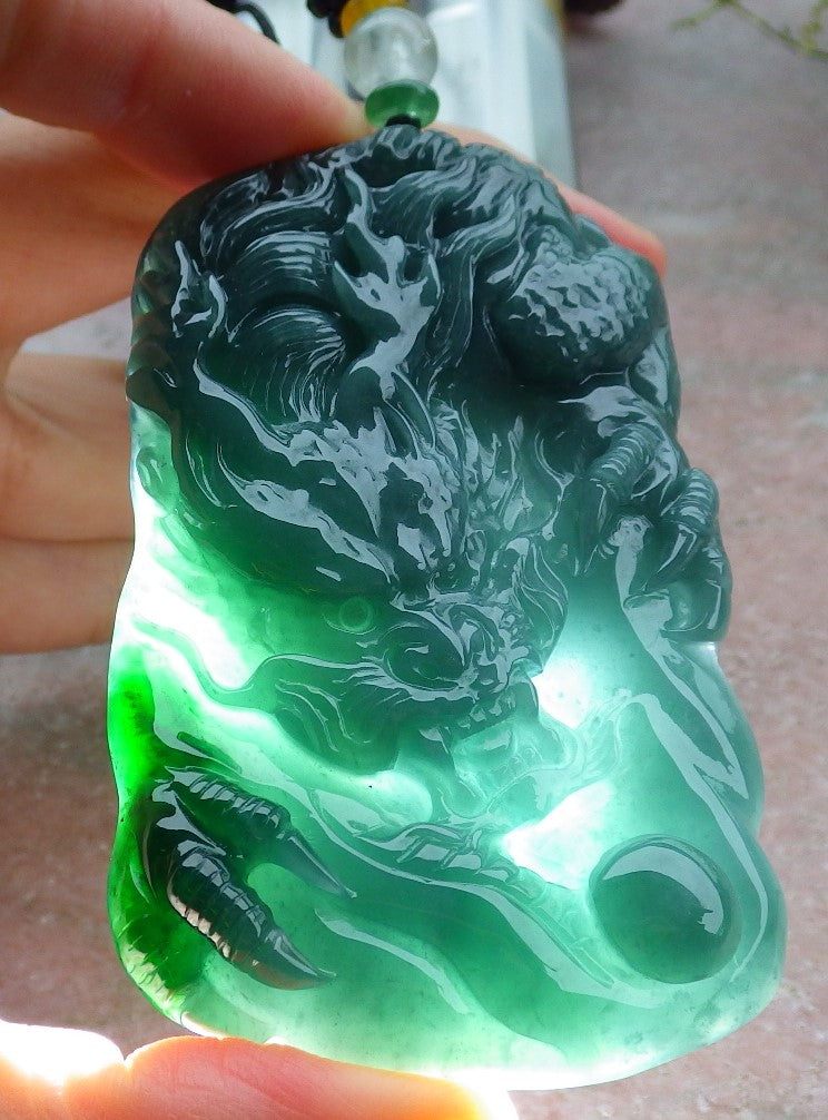 Certified Green Burma 100% Natural A Jade jadeite Pendant Dragon Necklace 生意兴隆 648492 TN