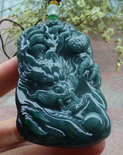 Certified Green Burma 100% Natural A Jade jadeite Pendant Dragon Necklace 生意兴隆 648492 TN
