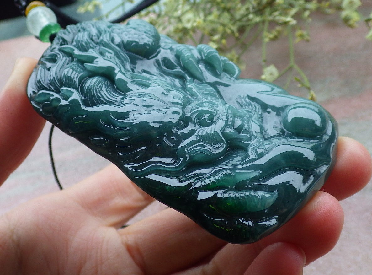 Certified Green Burma 100% Natural A Jade jadeite Pendant Dragon Necklace 生意兴隆 648492 TN
