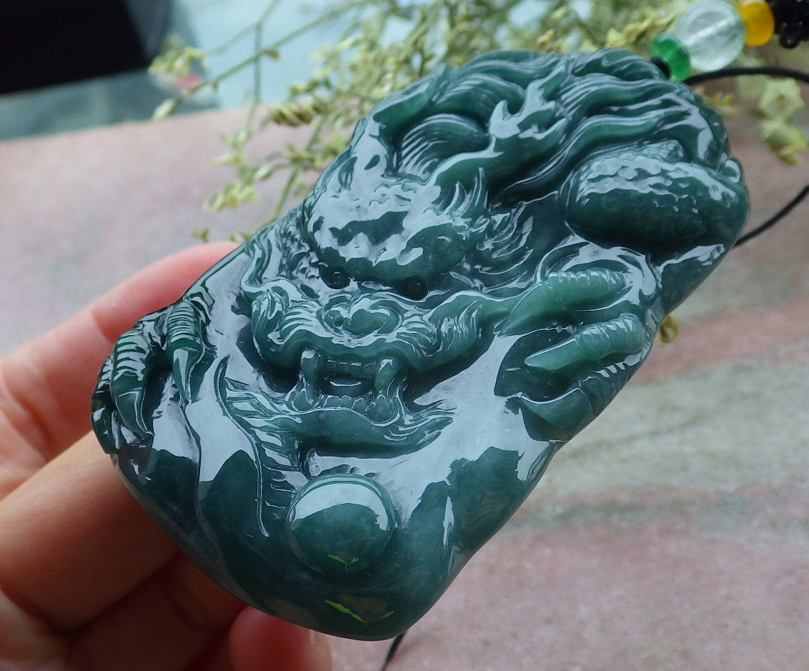 Certified Green Burma 100% Natural A Jade jadeite Pendant Dragon Necklace 生意兴隆 648492 TN