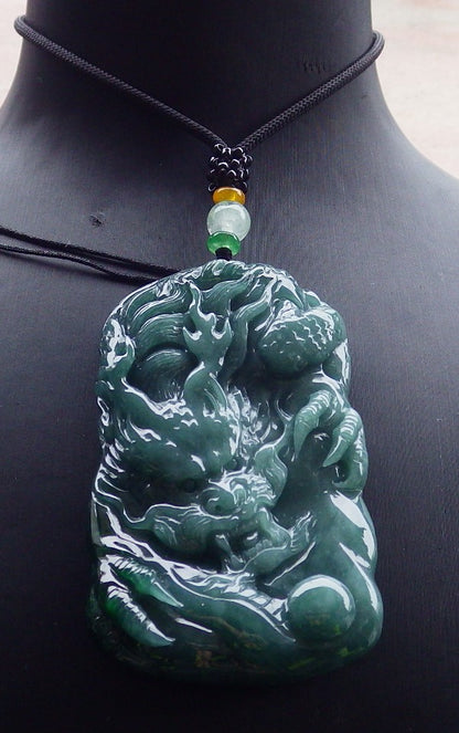 Certified Green Burma 100% Natural A Jade jadeite Pendant Dragon Necklace 生意兴隆 648492 TN