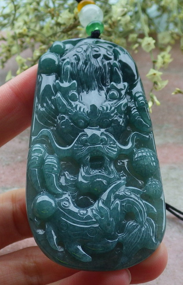Certified Green Burma 100% Natural A Jade jadeite Pendant Dragon Bead Necklace 生意兴隆 648502 TN