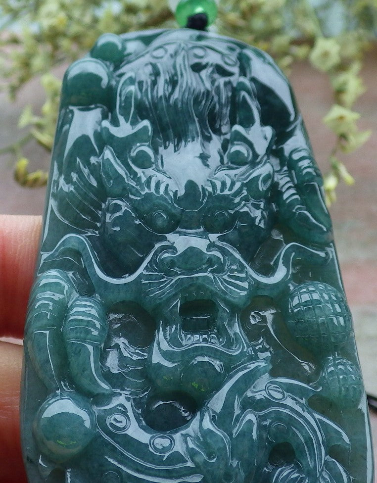 Certified Green Burma 100% Natural A Jade jadeite Pendant Dragon Bead Necklace 生意兴隆 648502 TN