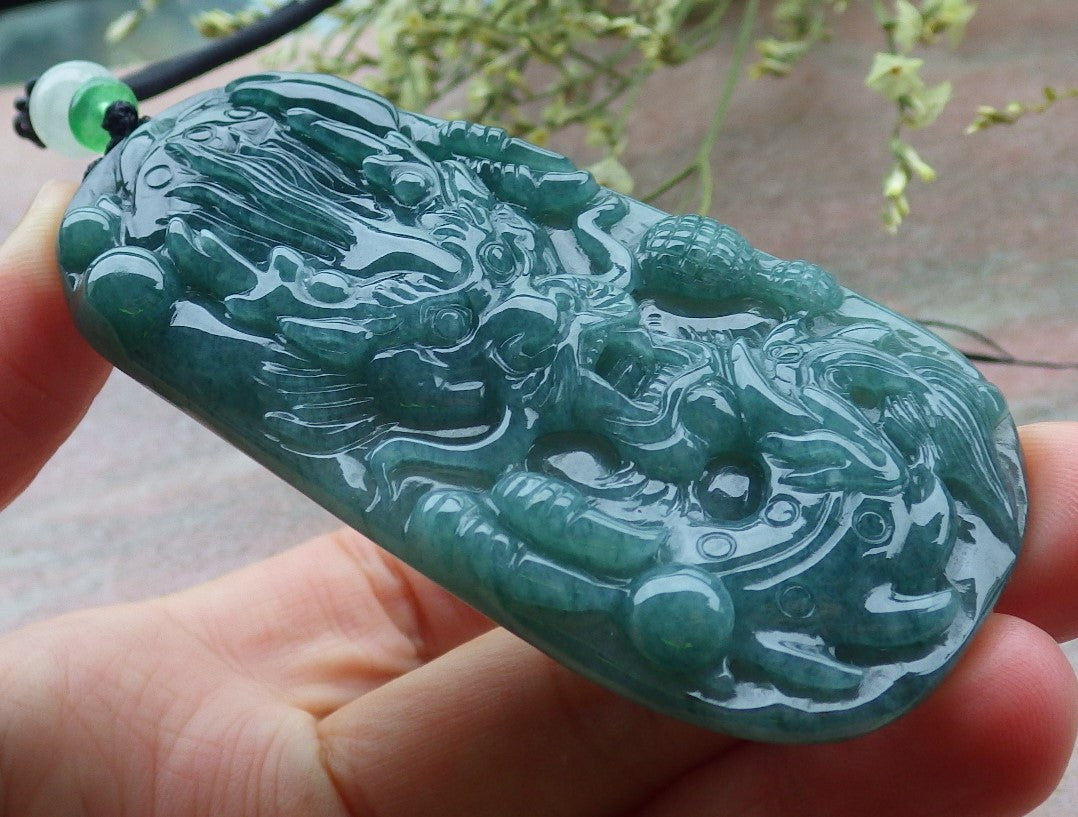 Certified Green Burma 100% Natural A Jade jadeite Pendant Dragon Bead Necklace 生意兴隆 648502 TN