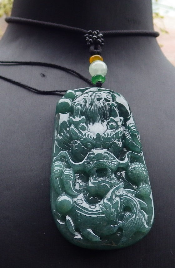 Certified Green Burma 100% Natural A Jade jadeite Pendant Dragon Bead Necklace 生意兴隆 648502 TN