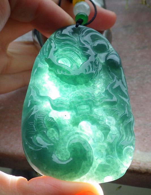 Certified Green Burma 100% Natural A Jade jadeite Pendant Dragon Ruyi Necklace 生意兴隆 648511 TN