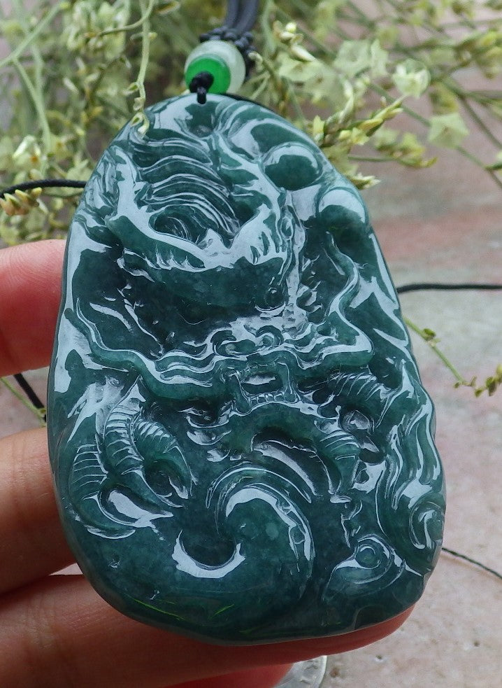 Certified Green Burma 100% Natural A Jade jadeite Pendant Dragon Ruyi Necklace 生意兴隆 648511 TN