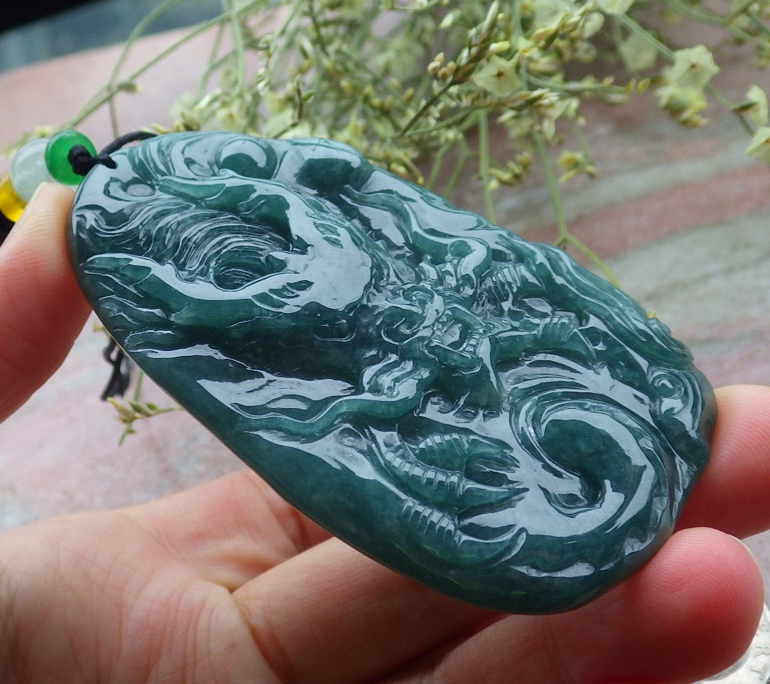Certified Green Burma 100% Natural A Jade jadeite Pendant Dragon Ruyi Necklace 生意兴隆 648511 TN