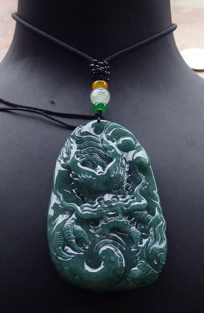 Certified Green Burma 100% Natural A Jade jadeite Pendant Dragon Ruyi Necklace 生意兴隆 648511 TN