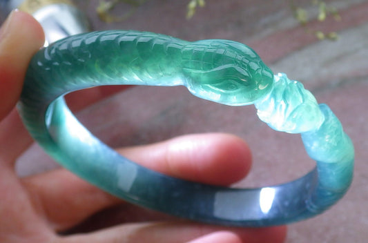 Certified Icy Green Burma 100% Natural A JADE Jadeite Snake Flower Bangle Bracelet 60 mm 手镯 648557 TN