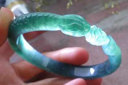 Certified Icy Green Burma 100% Natural A JADE Jadeite Snake Flower Bangle Bracelet 60 mm 手镯 648557 TN