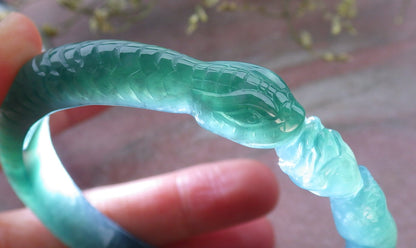 Certified Icy Green Burma 100% Natural A JADE Jadeite Snake Flower Bangle Bracelet 60 mm 手镯 648557 TN