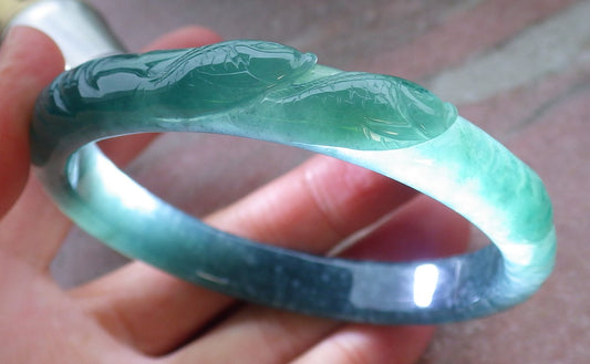 Certified Icy Green Burma 100% Natural A JADE Jadeite Fish Bangle Bracelet 60 mm 手镯 648571 TN