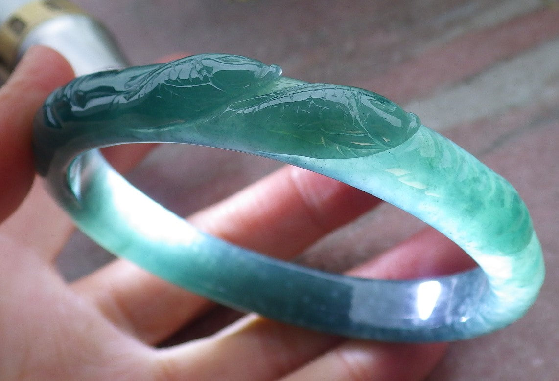 Certified Icy Green Burma 100% Natural A JADE Jadeite Fish Bangle Bracelet 60 mm 手镯 648571 TN
