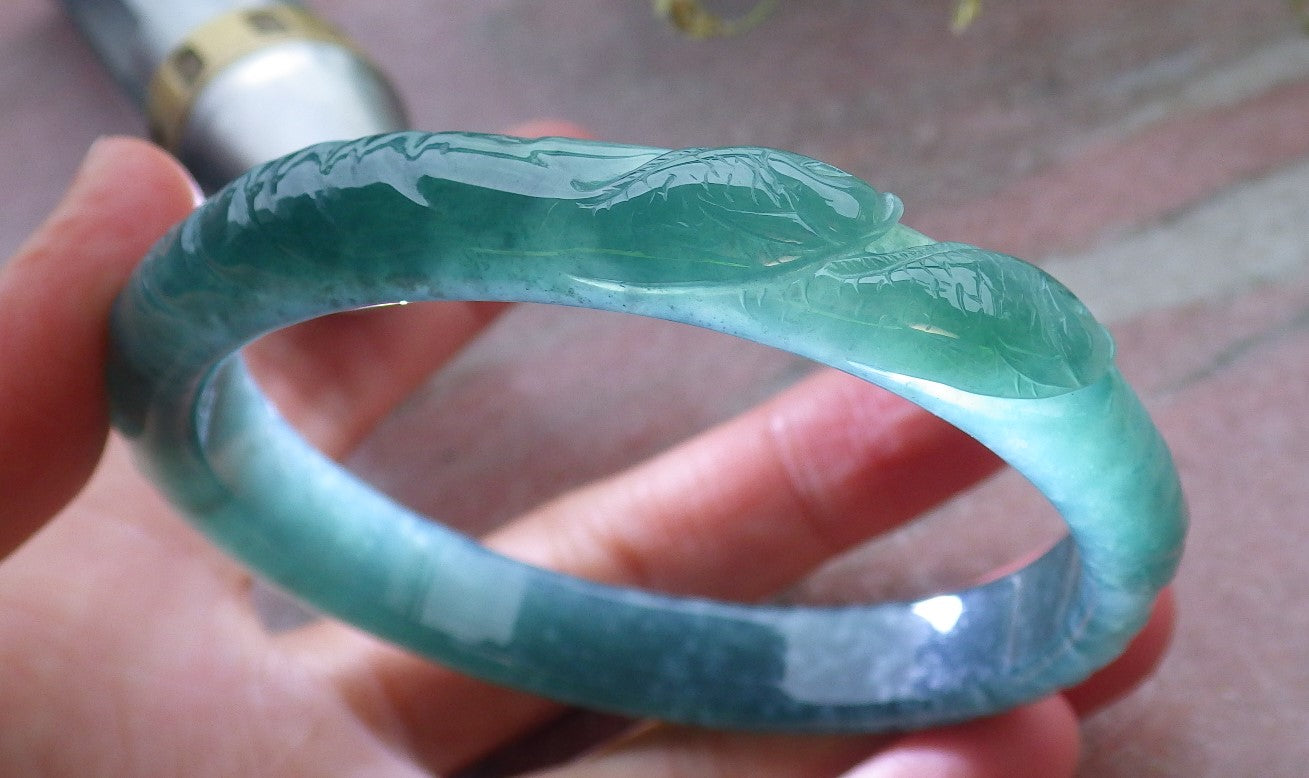 Certified Icy Green Burma 100% Natural A JADE Jadeite Fish Bangle Bracelet 60 mm 手镯 648571 TN