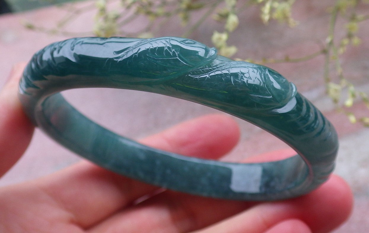 Certified Icy Green Burma 100% Natural A JADE Jadeite Fish Bangle Bracelet 60 mm 手镯 648571 TN