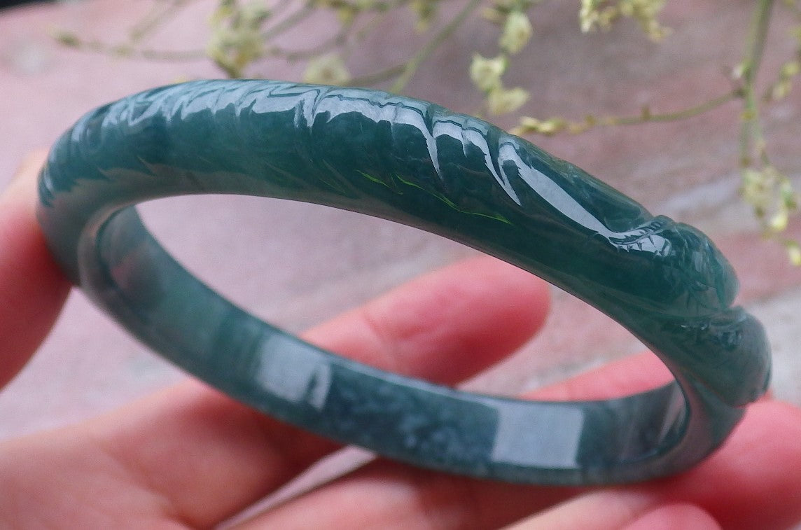 Certified Icy Green Burma 100% Natural A JADE Jadeite Fish Bangle Bracelet 60 mm 手镯 648571 TN