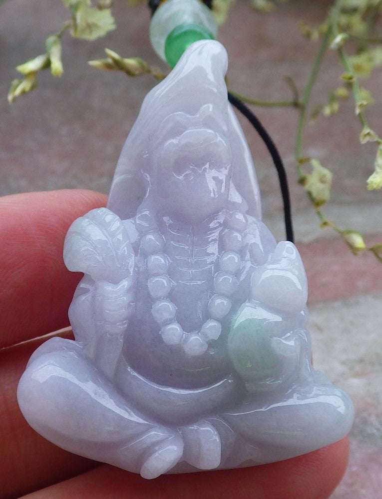Certified Lavender Green Burma 100% Natural A Jade jadeite pendant Ji Kung Buddha God Gourd Fan Necklace 济公 648584 TN