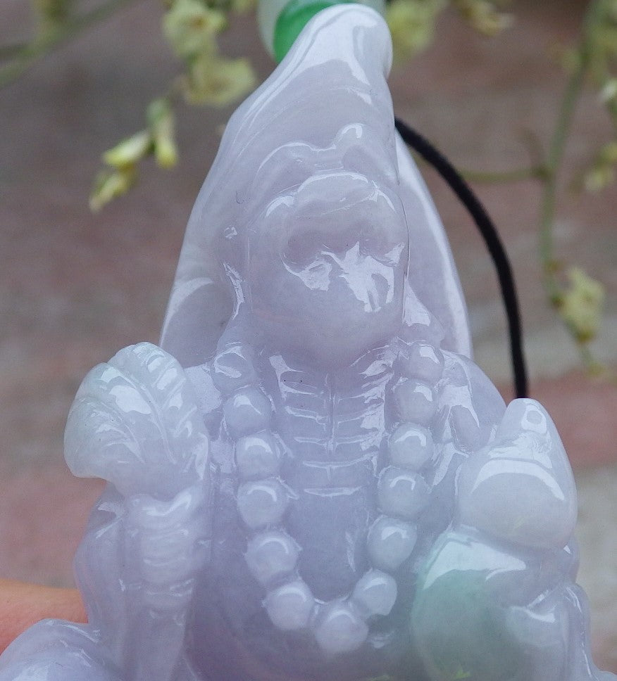 Certified Lavender Green Burma 100% Natural A Jade jadeite pendant Ji Kung Buddha God Gourd Fan Necklace 济公 648584 TN