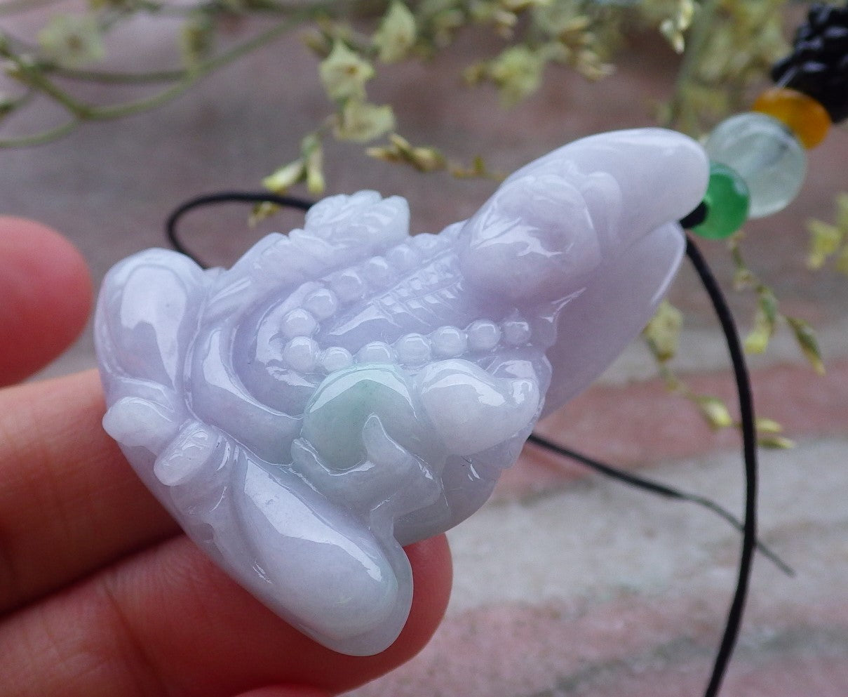 Certified Lavender Green Burma 100% Natural A Jade jadeite pendant Ji Kung Buddha God Gourd Fan Necklace 济公 648584 TN
