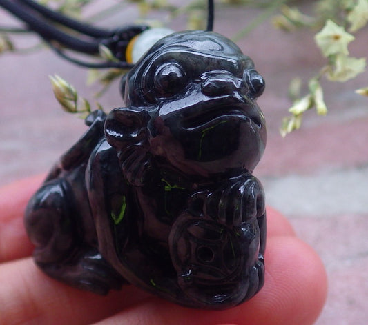 Certified Black Burma 100% Natural A Jade jadeite Pendant Monkey Coin Necklace 猴子 648622 TN