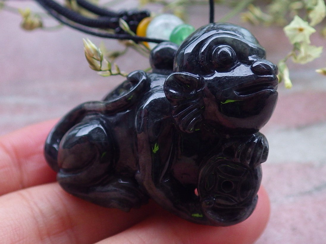 Certified Black Burma 100% Natural A Jade jadeite Pendant Monkey Coin Necklace 猴子 648622 TN