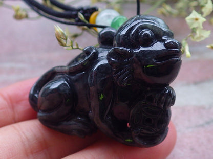Certified Black Burma 100% Natural A Jade jadeite Pendant Monkey Coin Necklace 猴子 648622 TN