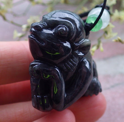 Certified Black Burma 100% Natural A Jade jadeite Pendant Monkey Coin Necklace 猴子 648622 TN