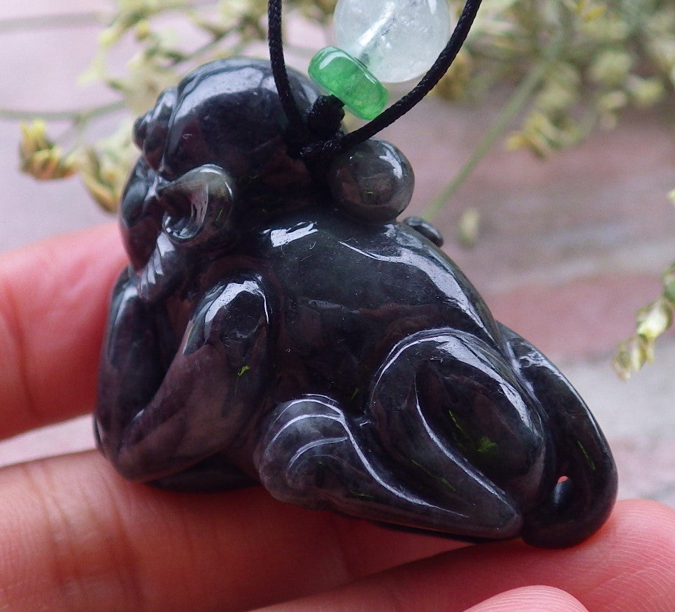 Certified Black Burma 100% Natural A Jade jadeite Pendant Monkey Coin Necklace 猴子 648622 TN