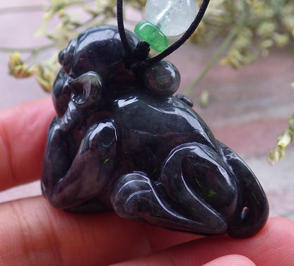 Certified Black Burma 100% Natural A Jade jadeite Pendant Monkey Coin Necklace 猴子 648622 TN
