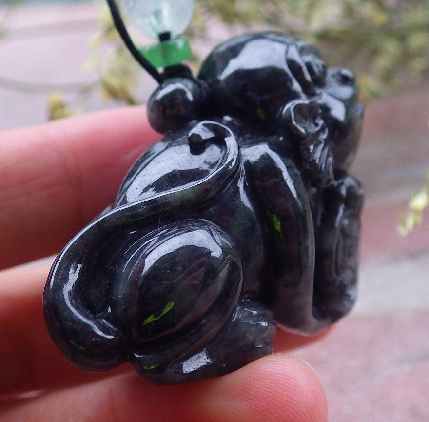 Certified Black Burma 100% Natural A Jade jadeite Pendant Monkey Coin Necklace 猴子 648622 TN