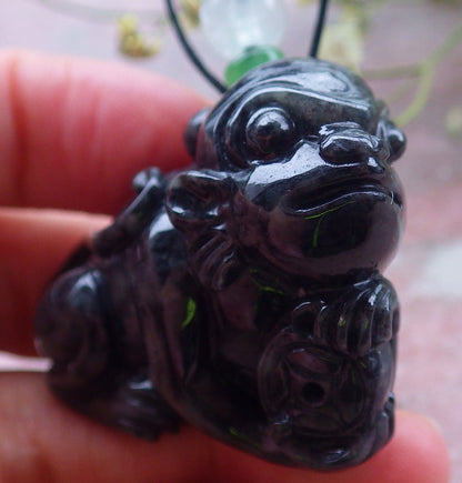 Certified Black Burma 100% Natural A Jade jadeite Pendant Monkey Coin Necklace 猴子 648622 TN