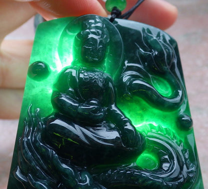 Certified Green Burma 100% Natural A Jade jadeite Pendant Guanyin Kwan Yin Dragon Necklace 观音 648630 TN