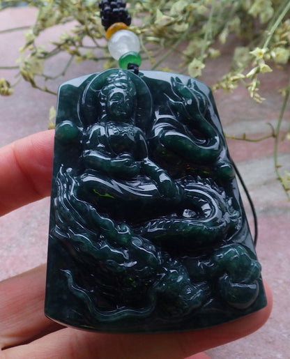 Certified Green Burma 100% Natural A Jade jadeite Pendant Guanyin Kwan Yin Dragon Necklace 观音 648630 TN