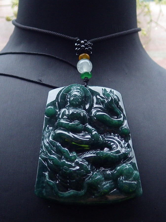 Certified Green Burma 100% Natural A Jade jadeite Pendant Guanyin Kwan Yin Dragon Necklace 观音 648630 TN