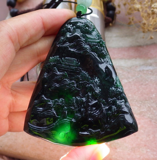 Certified Icy Green Burma 100% Natural A Jade jadeite Landscape painting Tree Necklace Necklace 山水画 648648 TN