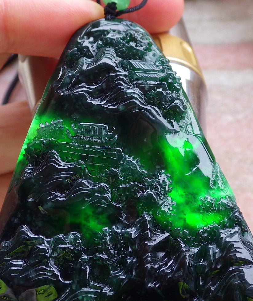 Certified Icy Green Burma 100% Natural A Jade jadeite Landscape painting Tree Necklace Necklace 山水画 648648 TN