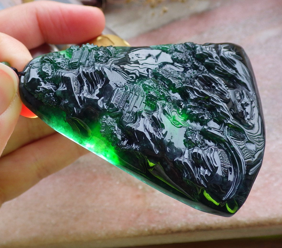Certified Icy Green Burma 100% Natural A Jade jadeite Landscape painting Tree Necklace Necklace 山水画 648648 TN