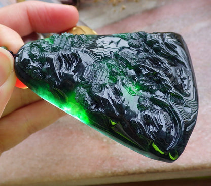Certified Icy Green Burma 100% Natural A Jade jadeite Landscape painting Tree Necklace Necklace 山水画 648648 TN