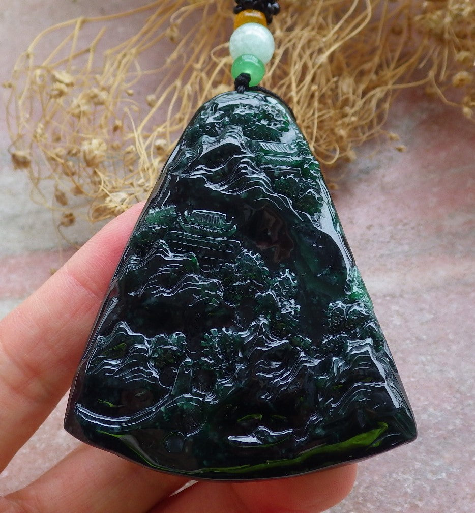 Certified Icy Green Burma 100% Natural A Jade jadeite Landscape painting Tree Necklace Necklace 山水画 648648 TN