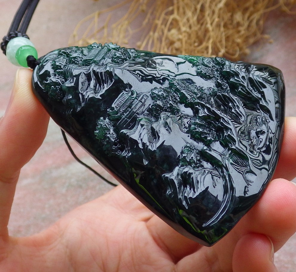 Certified Icy Green Burma 100% Natural A Jade jadeite Landscape painting Tree Necklace Necklace 山水画 648648 TN